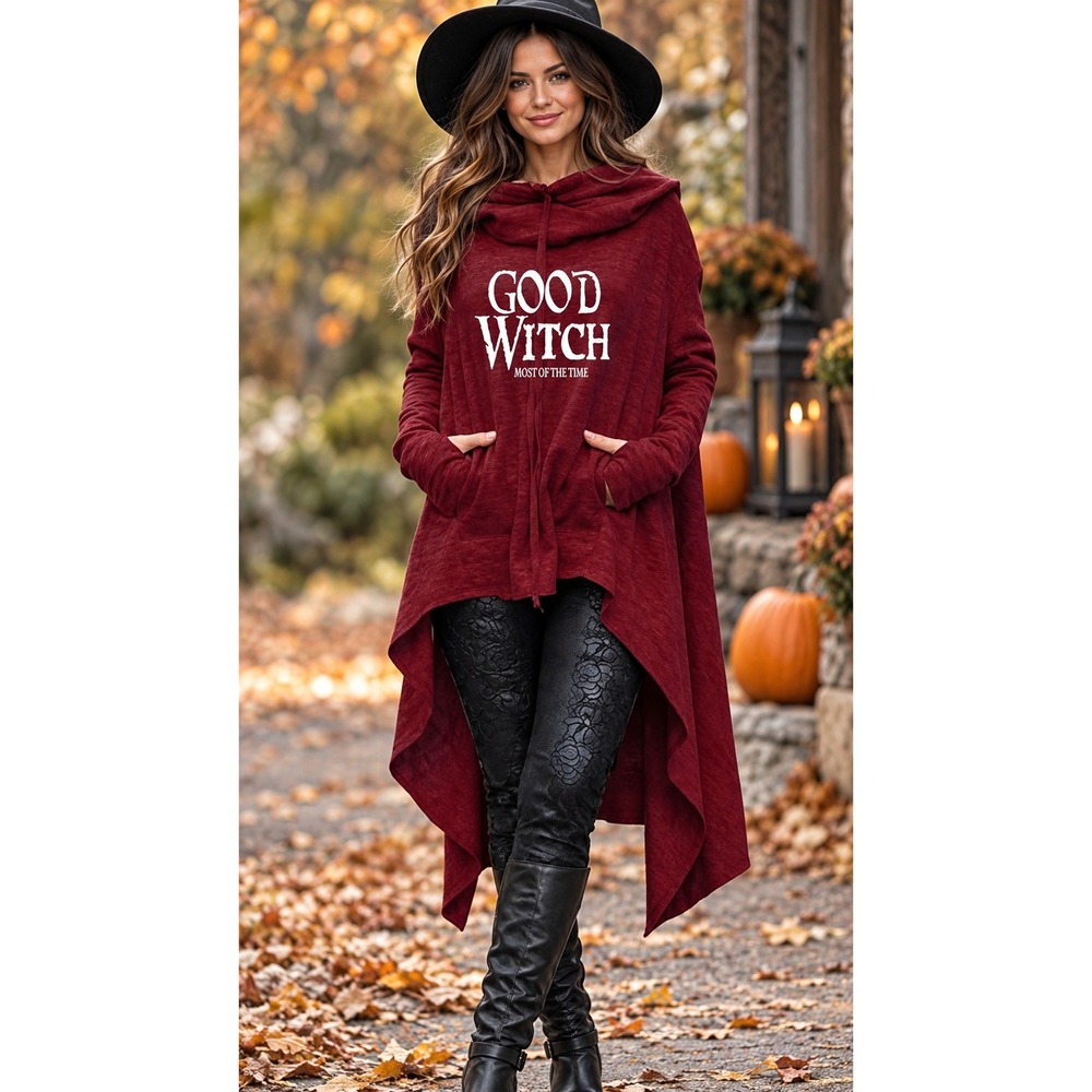 Good Witch Graphic Hoodie Red High Low Hem Cowl Neck Witchcore M Novelty Fall